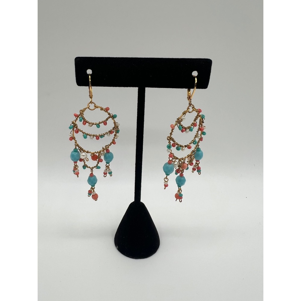 Boho Gold Tone Beaded Chandelier Earrings Turquoise Coral White Tiered Drop